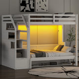 White Full XL Loft Bed with Storage Staircase, Murphy Bed, LED Light, Solid Pine and MDF, 101.2''L x 59.1''W x 73''H - sold by Home Elegance USA