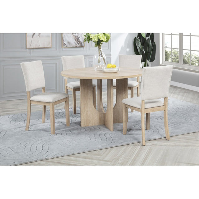 5 Piece Round Dining Table Set with 4 Upholstered Chairs, Modern Wooden Kitchen & Dining Room Furniture, Light Oak/Beige