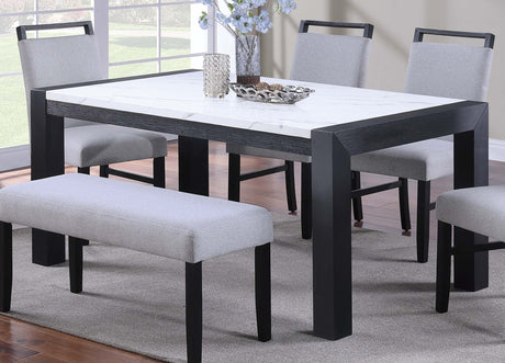 Modern Style Dining Table 4x Side Chairs Dining Bench White Faux Marble Top Table Bench 4x Chairs Wooden 6pc Dining Set - sold by Home Elegance USA