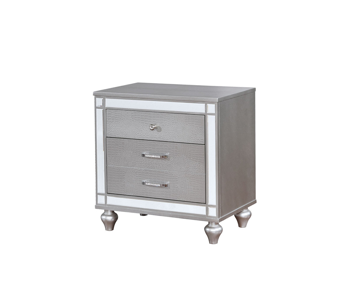 Silver 1pc Nightstand Bun Feet Crocodile-Textured Bedside Table Mirror Trim Felt-lined Top Drawers Bedroom Furniture