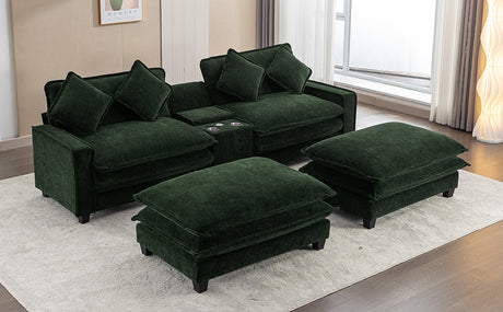 Chenille Upholstered 111' Sectional Sofa with Two Removable Ottomans, USB Ports, Cup Holders, and Storage, Green - sold by Home Elegance USA