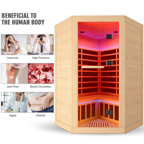 Canadian Hemlock Pentagonal Double Infrared Sauna – Two-Person Corner Design - sold by Home Elegance USA