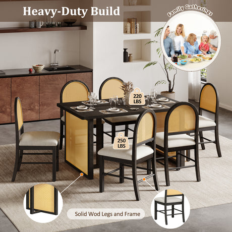 TREXM 7-Piece Farmhouse Dining Table Set for 6 - 59.8' Rectangular Dining Table with Distressed Oak Veneer and 6 Rattan Chairs, Rustic Kitchen Furniture for Dining Room(Espresso) - sold by Home Elegance USA