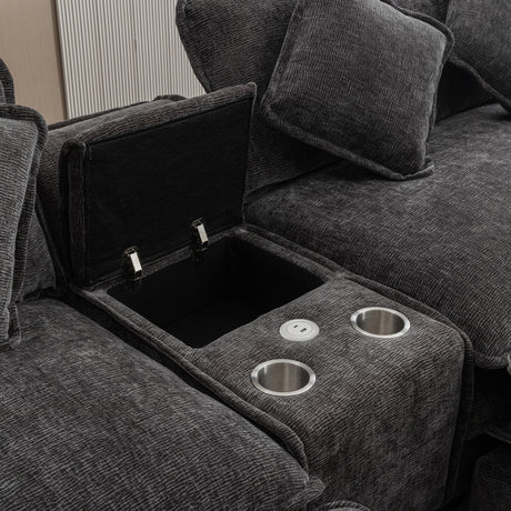 Modern Chenille Upholstered Sectional Sofa with Ottomans, USB Ports, Cup Holders, and Storage in Grey - sold by Home Elegance USA