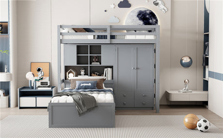 Twin Bunk Bed with Drawers, Wardrobe, Storage Shelves and Hydraulic Bed,Gray - sold by Home Elegance USA