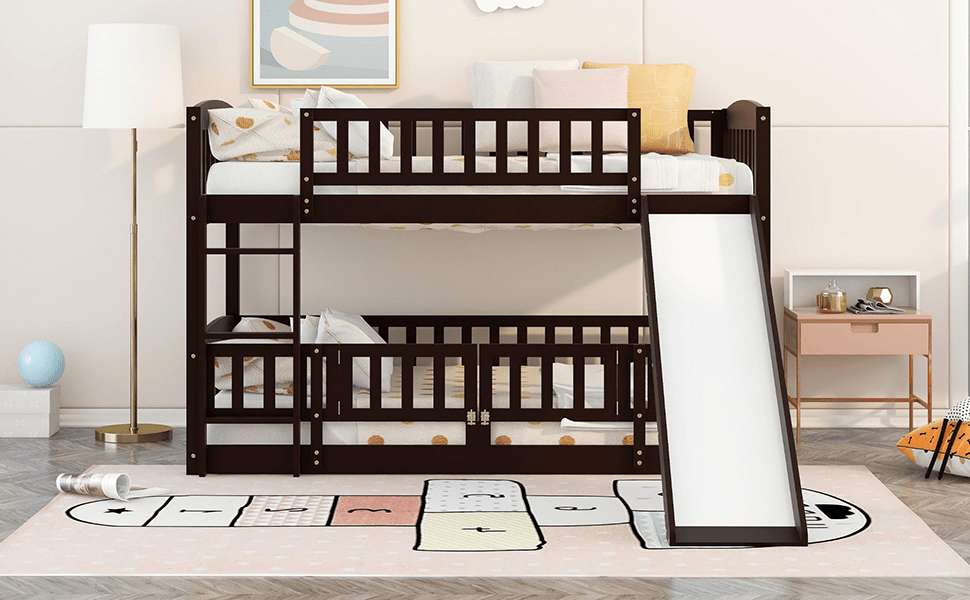 Bunk Bed with Slide,Twin Over Twin Low Bunk Bed with Fence and Ladder for Toddler Kids Teens Espresso - LT000082AAP - Home Elegance USA - 3