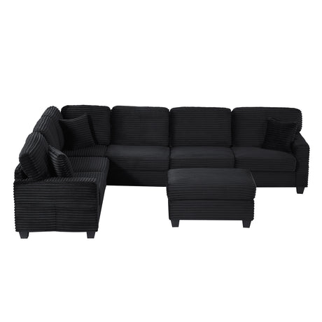 Upholstered U-shaped Sectional Sofa with Movable Ottoman and Side Storage Pockets in Black Corduroy, 125.2 inches - sold by Home Elegance USA