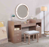 Glam Style 1pc Vanity w/ Padded Stool Set 3mm Mirror Storage Drawers LED On Mirror Tiffany Blush Finish Bedroom Furniture