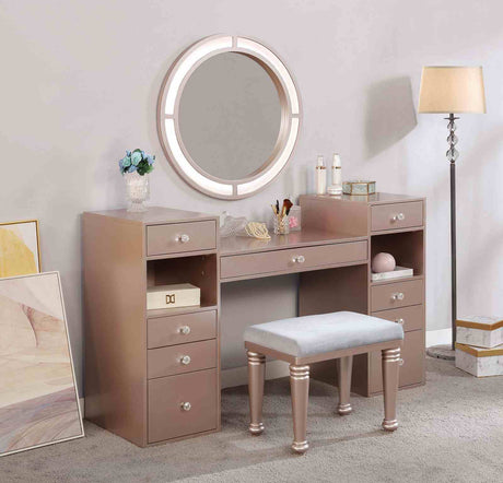 Glam Style 1pc Vanity w/ Padded Stool Set 3mm Mirror Storage Drawers LED On Mirror Tiffany Blush Finish Bedroom Furniture