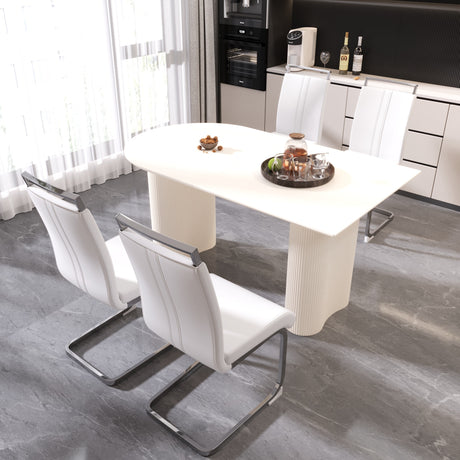 63 'medieval modern cream style MDF dining table and PU armless dining chair set 4. Assemble Desktop and Silver plated metal leg dining chair set, suitable for home&kitchen - sold by Home Elegance USA