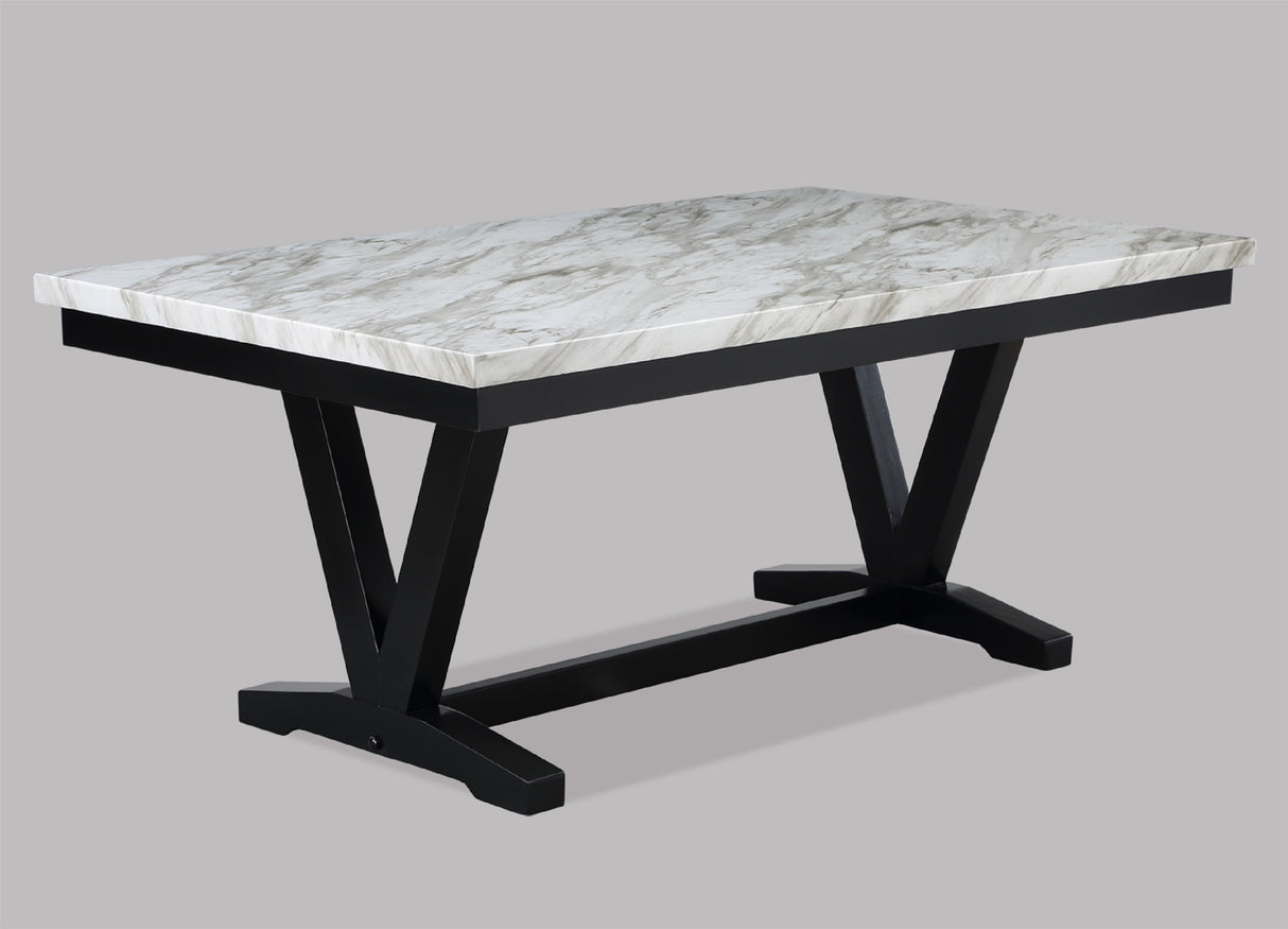 Modern White Faux Marble & Black Dining Room Rectangular Table V-Shape Trestle Design Wooden Base 1pc Furniture