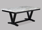Modern White Faux Marble & Black Dining Room Rectangular Table V-Shape Trestle Design Wooden Base 1pc Furniture
