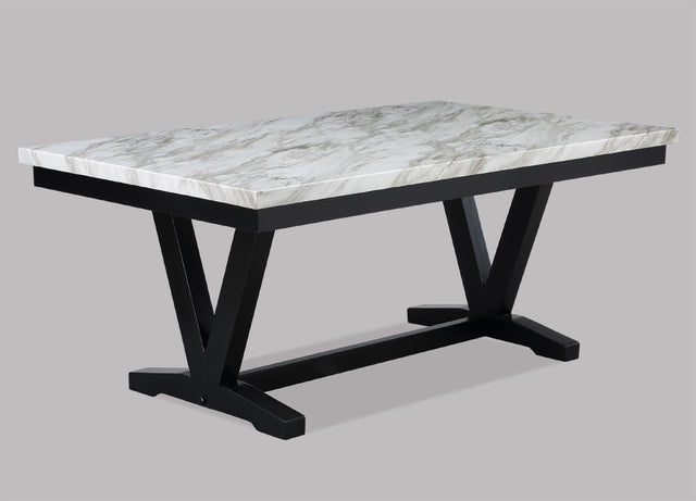 Modern White Faux Marble & Black Dining Room Rectangular Table V-Shape Trestle Design Wooden Base 1pc Furniture