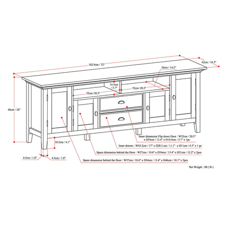 Redmond 72 inch Wide Solid Wood TV Stand in Hickory Brown For TVs up to 80 inches - sold by Home Elegance USA