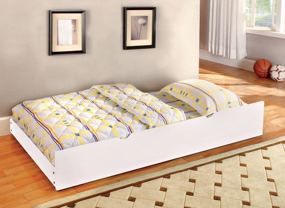 Modern Novelty Style Twin Over Full Bunk Bed With Attached Angled Ladder Rails And Lock Joint Structure For Safety Oak Finish Upper Bed White Finish Lower Bed Trundle Included - sold by Home Elegance USA