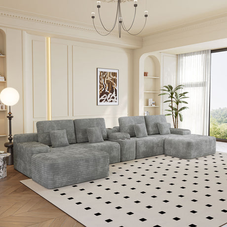 150''Width 5-piece Sectional Sofa with 2 Ottomans,Comfy U-shaped Sofa Couch for Living Room,Light Grey Plush Corduroy Fabric - sold by Home Elegance USA