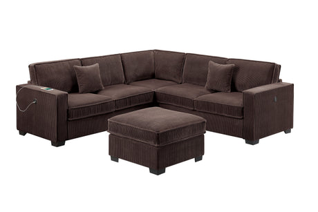 Modern Style 4pc Sectional Set Right Arm And Left Arm Loveseat USB Port Plastic Legs Cocktail Ottoman Matching Two Pillows Chocolate Finish Primary Living Room - sold by Home Elegance USA