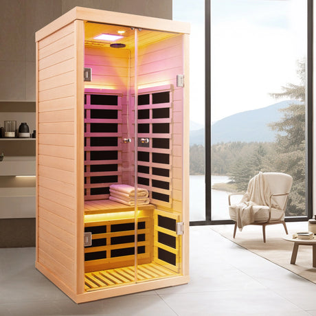 Luxury One-Person Hemlock Low-EMF Far Infrared Sauna with Double Glass Doors - sold by Home Elegance USA