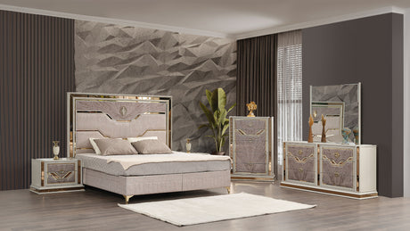 Omari Modern Style 5 Pc Queen Upholstered Bedroom Set Made with Wood and Gold Accents in Beige