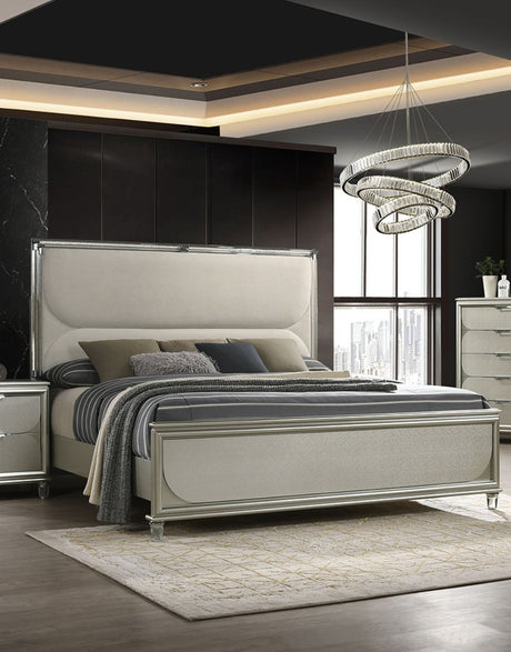 Glamorous Luxury Silver Fabric Upholstered Queen Size Bed w LED 2x Nightstands Embossed Panel 3pc Set Bedroom Furniture - sold by Home Elegance USA
