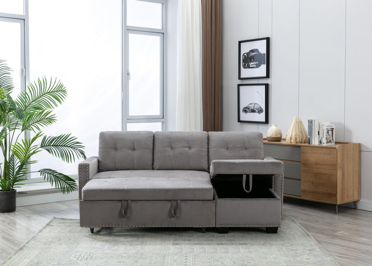 77 Inch Reversible Sectional Storage Sleeper Sofa Bed , L - Shape 2 Seat Sectional Chaise With Storage , Skin - Feeling Velvet Fabric ,Light Grey Color For Living Room Furniture | Home Elegance USA