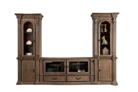 Traditional Style TV Console Base Entertainment Center With 6 Doors And 2 Drawers Carved Detail Design Dentil Moldings Reeded Posts Weather Oak Finish - sold by Home Elegance USA