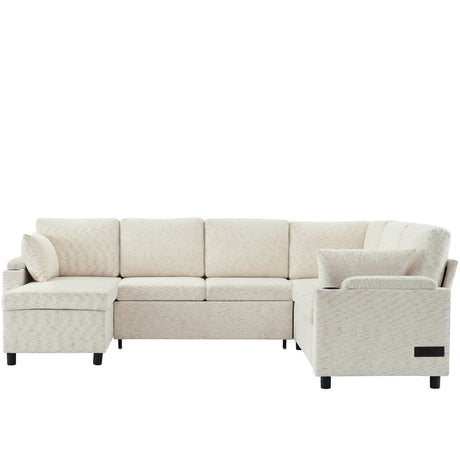 Convertible U-Shaped Sofa Bed with Storage, Cup Holders and Charging Ports, Beige Chenille, 109.9' - sold by Home Elegance USA