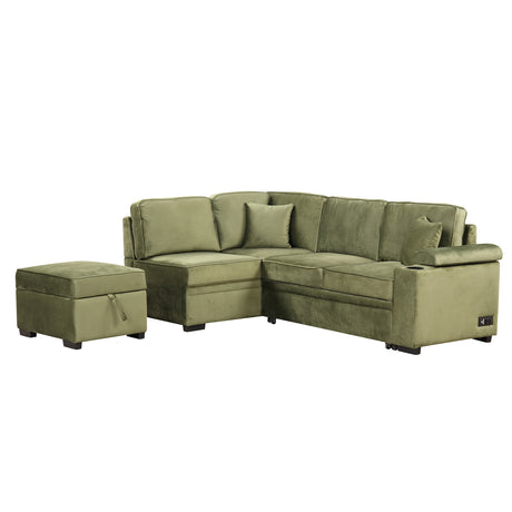 Green Velvet Sleeper Sofa Bed with Storage Ottoman, L Shape Pull Out Couch for Living Room and Bedroom - sold by Home Elegance USA