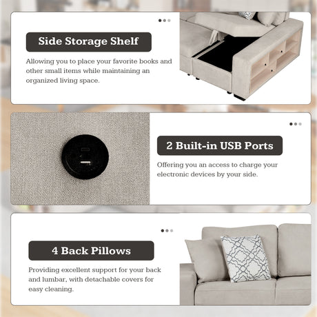 Beige Chenille U-Shaped Sectional Sofa with Pull-out Bed, USB Ports, Storage Chaise & Back Pillows - sold by Home Elegance USA