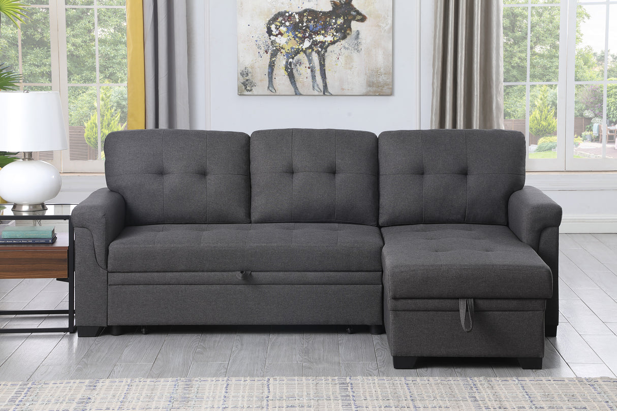 Lucca Dark Gray Linen Reversible Sleeper Sectional Sofa with Storage Chaise - Home Elegance USA