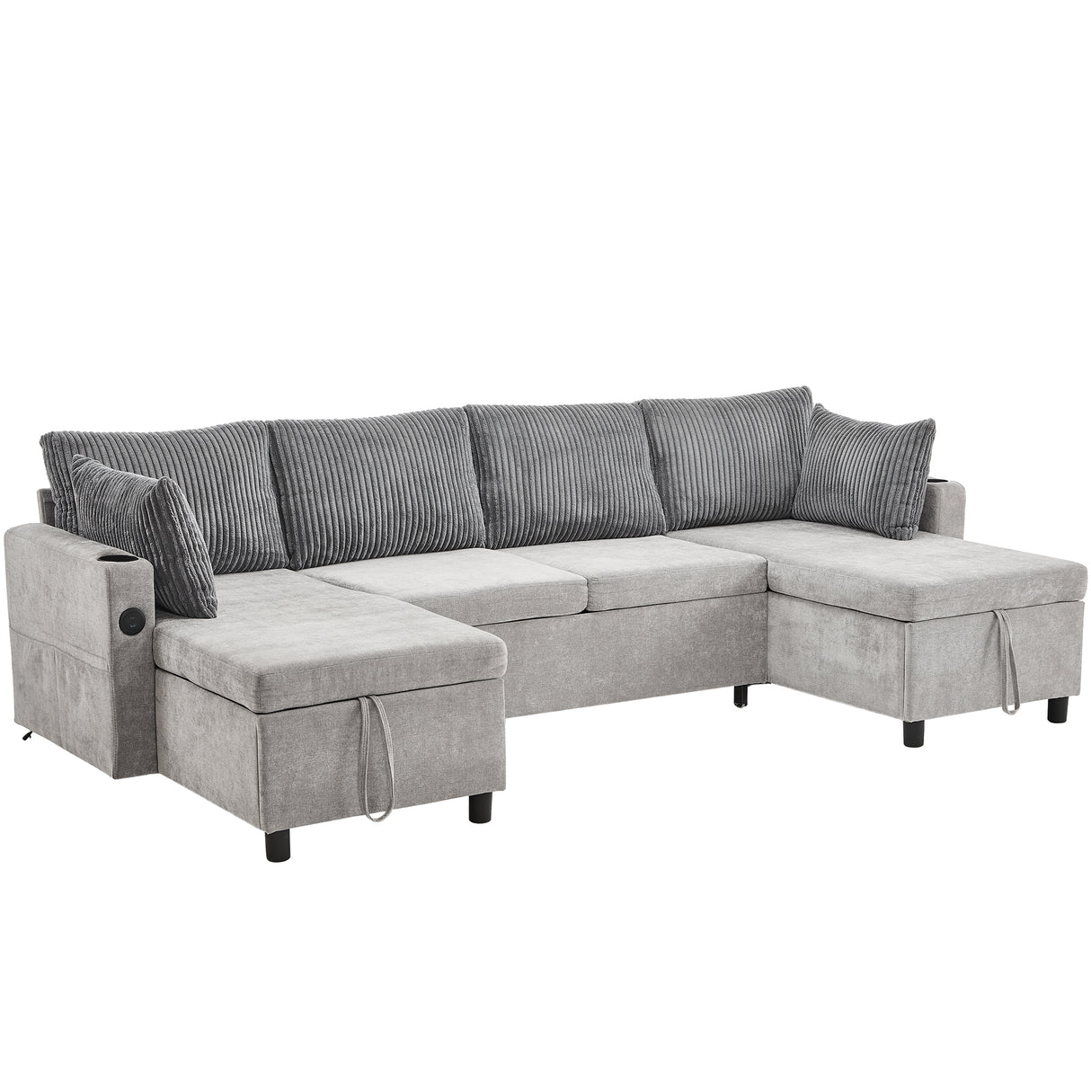 Versatile Grey Sectional Sofa Pull-out Bed with Storage, USB Ports & Cup Holders, Corduroy & Chenille Fabric, 111.8'