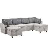 Versatile Grey Sectional Sofa Pull-out Bed with Storage, USB Ports & Cup Holders, Corduroy & Chenille Fabric, 111.8'
