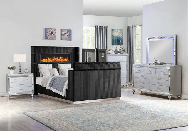 Lavish Modern Style 5 Pc Queen Bedroom Set Made with Fireplace in Headboard & TV stand in Footboard with Wood in Black