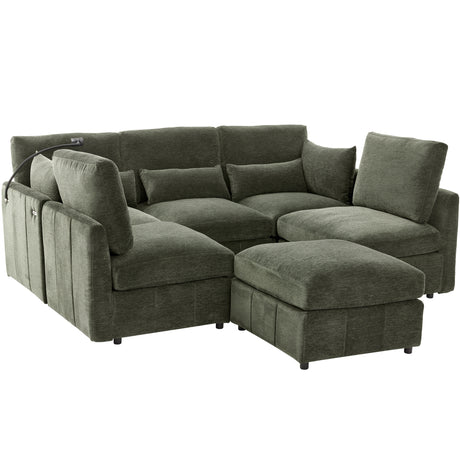 Modern Sectional Sofa Modular Sofa 85.4' U-shaped Sofa Couch Sofa Bed with Movable Ottoman, USB Ports, Phone Holder, Green Chenille - sold by Home Elegance USA
