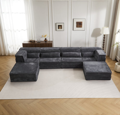 Compression Mahjong Sofa,Convertible Floor Sofa Bed,DIY Boneless Modular Sectional Sofa,No Assembly Required,Circle fleece fabric,Oversized 4 Seater with 2 Ottoman,Dark-grey - sold by Home Elegance USA