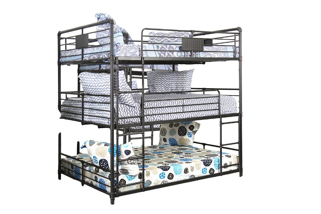 Industrial Style Bunk Bed Full Over Full Over Full Attached Dual Ladder Metal Structure Pipe Framework Upper Guard Rails Antique Black Finish - sold by Home Elegance USA