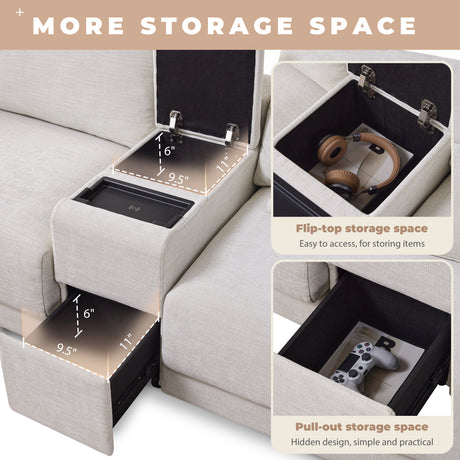 124'' L-Shaped Sectional Sofa with Multi-Functional Storage Console, Wired&Wireless Charger, Movable Ottoman, Wider&Thicker Cushion, Free Combination for Living Room&Apartment, Chenille - sold by Home Elegance USA