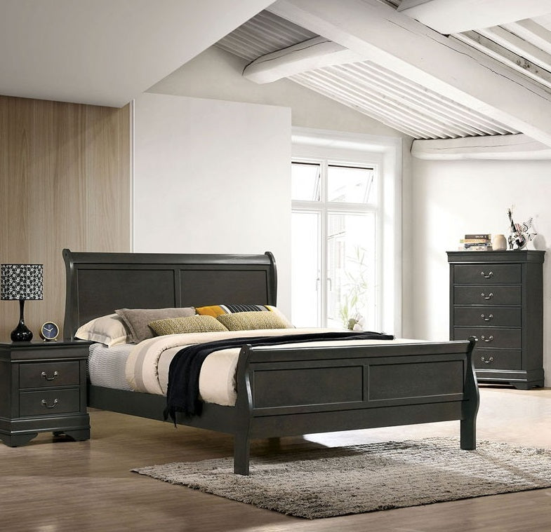Classic Contemporary Queen Size Bed Gray Louis Phillipe Solidwood 1pc Bed Bedroom Sleigh Bed Furniture