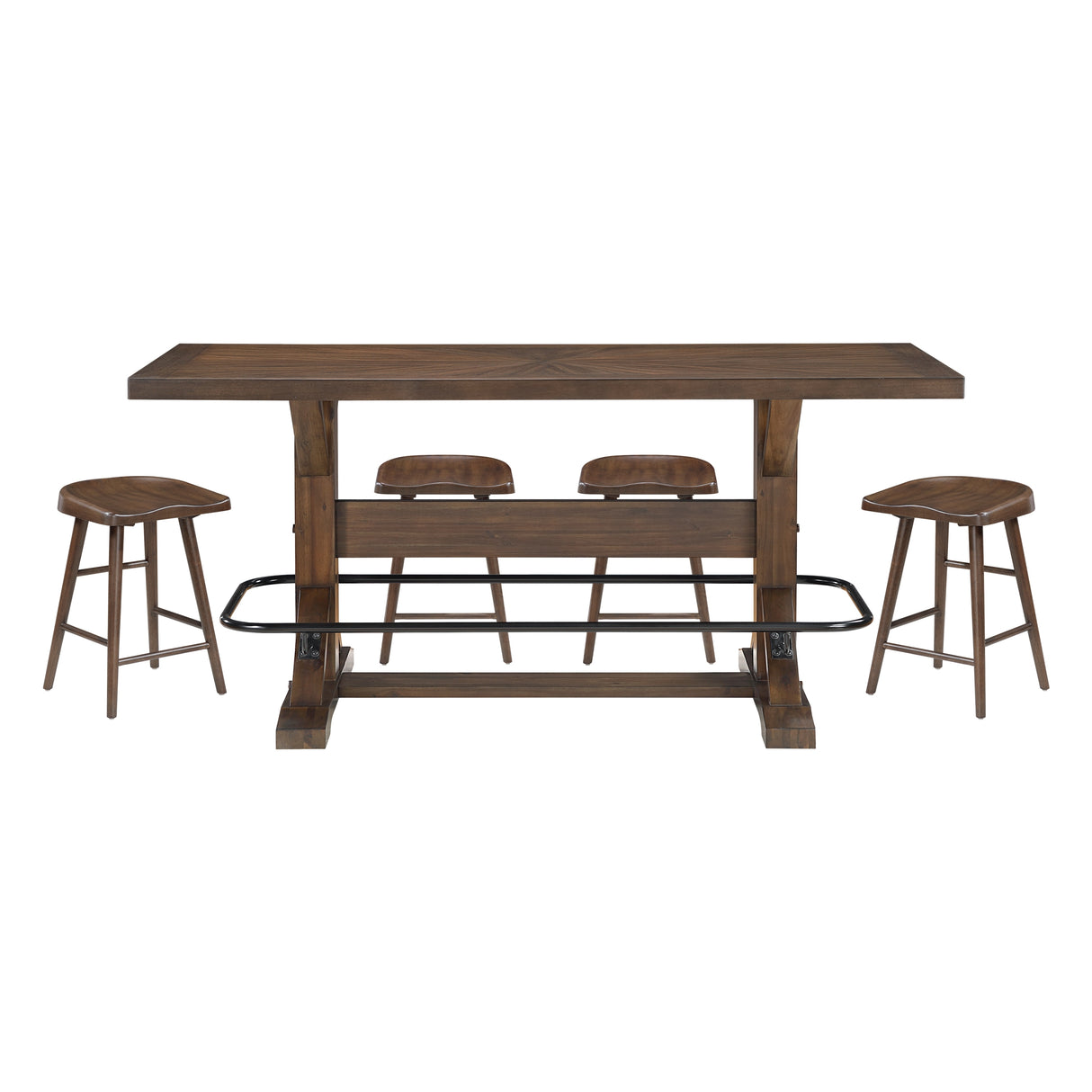 Brown Finish 5pc Counter Height Furniture Set Table w Metal Footrest and 4x Stools Sturdy Wood Frame Classic Aesthetic