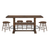 Brown Finish 5pc Counter Height Furniture Set Table w Metal Footrest and 4x Stools Sturdy Wood Frame Classic Aesthetic