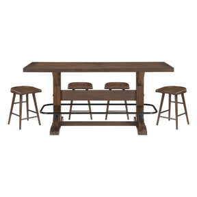 Brown Finish 5pc Counter Height Furniture Set Table w Metal Footrest and 4x Stools Sturdy Wood Frame Classic Aesthetic