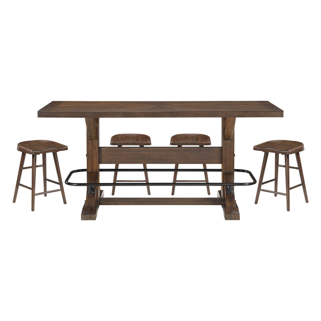 Brown Finish 5pc Counter Height Furniture Set Table w Metal Footrest and 4x Stools Sturdy Wood Frame Classic Aesthetic