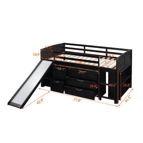 Low Twin Size Loft Bed with Cabinets, Shelves and Slide - Espresso(OLD SKU :LP000503AAP) - Home Elegance USA