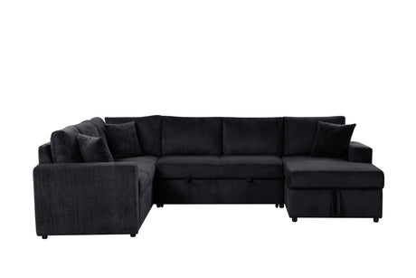 Ruxley 123'W Black Corduroy Sleeper Sectional Sofa with Right-Facing Storage Chaise and Throw Pillows - sold by Home Elegance USA