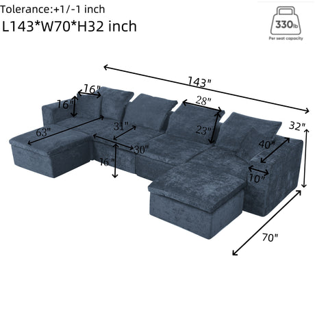 Modern U-Shaped 143' Cloud Sectional Couch with Comfy Chaise in Blue Chenille - sold by Home Elegance USA