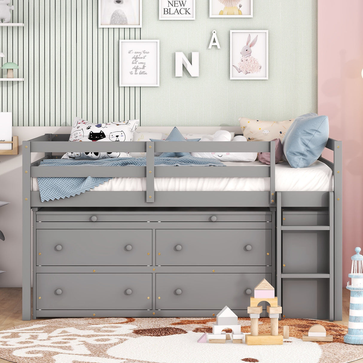 Full Size Loft Bed with Retractable Writing Desk and 4 Drawers, Wooden Loft Bed with Lateral Portable Desk and Shelves, Gray - Home Elegance USA