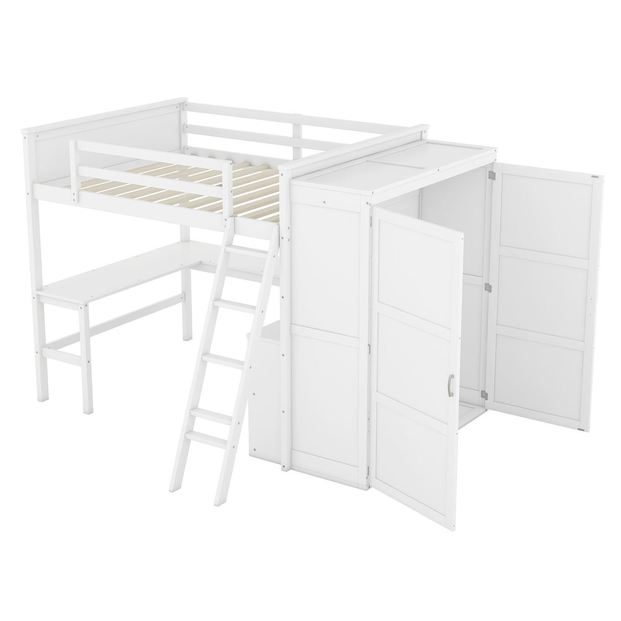 Full size Loft Bed with Desk, Shelves and Wardrobe-White - Home Elegance USA