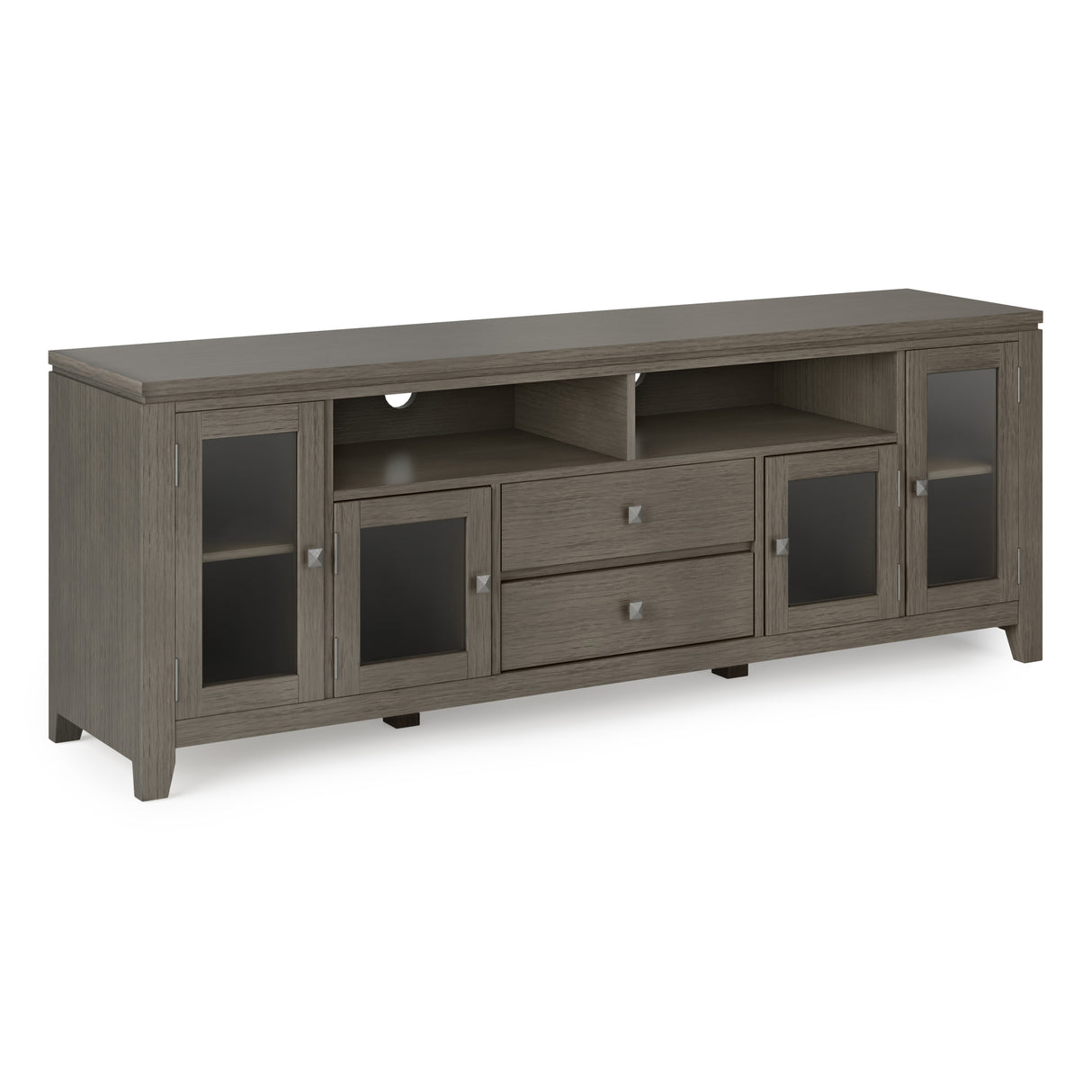Cosmopolitan 72 inch Wide Solid Wood TV Stand in Farmhouse Grey For TVs up to 80 inches