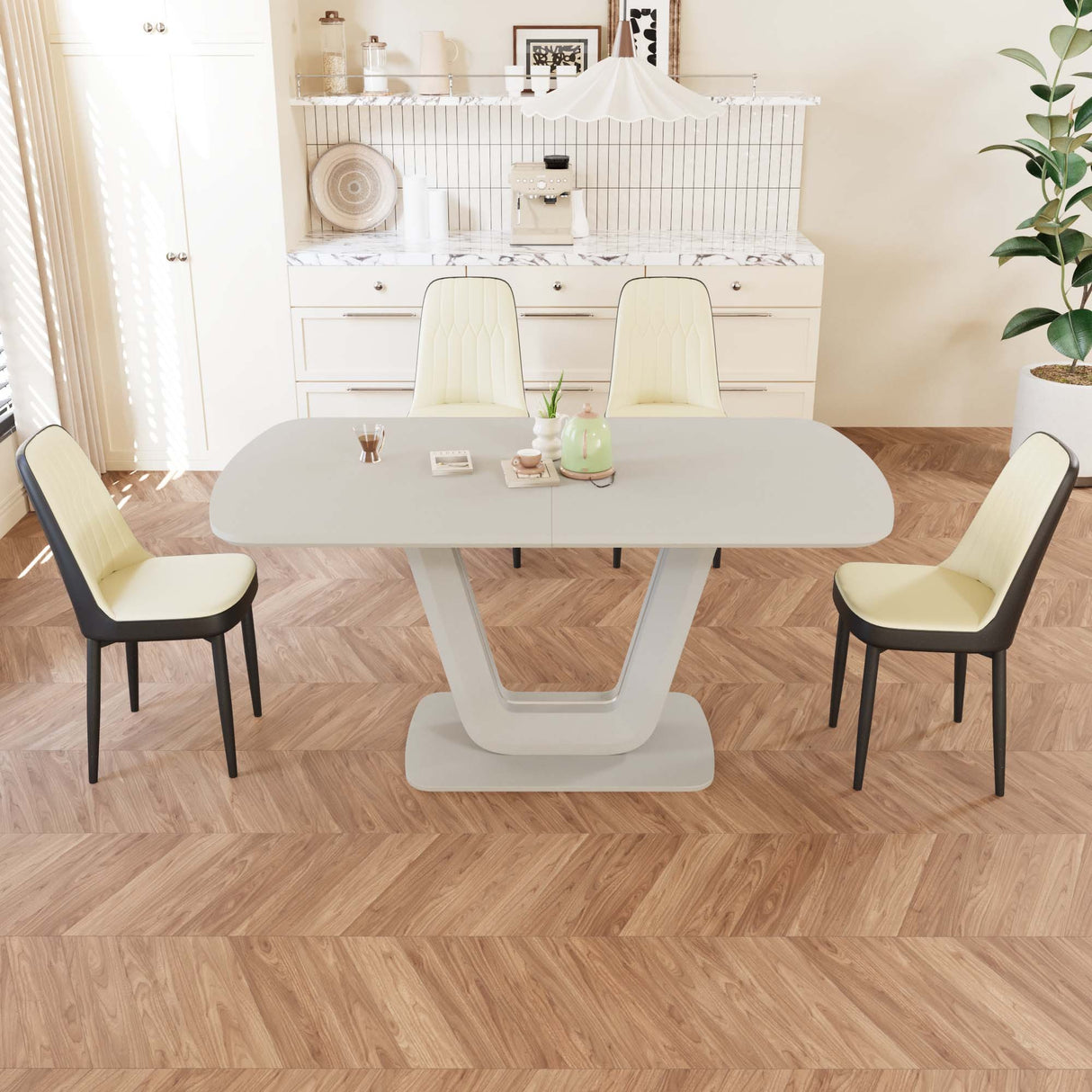 Juego de mesa de comedor expandible de 62,99 a 78,74 pies para 2 a 8 personas, equipado con 4 sillas de comedor acolchadas gruesas de tela de PU y una espaciosa mesa de comedor, mesa de cocina y sillas, con patas de mesa en forma de U