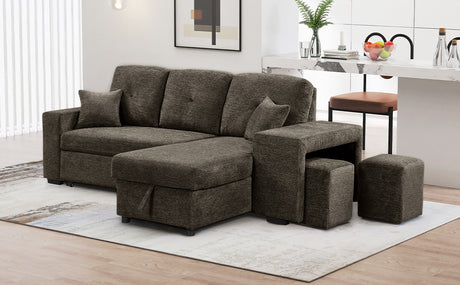 Reversible Sleeper Sectional Sofa Bed with Side Shelf and 2 Stools, Pull-Out L-Shaped Sofa Bed, Corner Sofa-Bed with Storage Chaise, Knox Charcoal Velvet - sold by Home Elegance USA